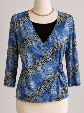Notations Blue Floral & Leopard Wrap Top with Ring Accent